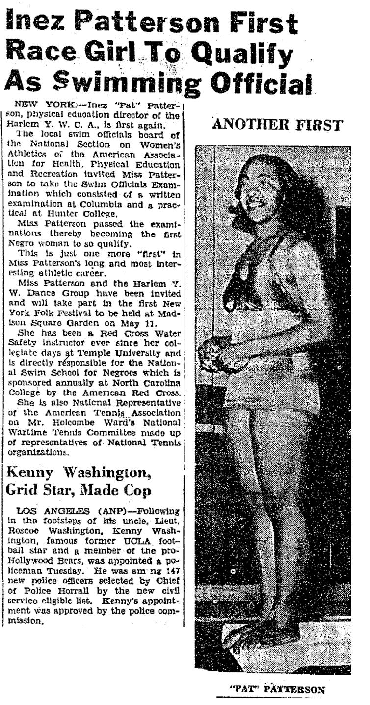 Newspaper clipping featuring photo of Black woman in swimsuit standing on diving board