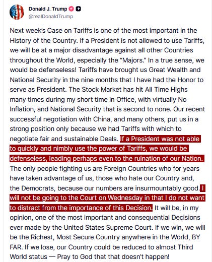 Screenshot of a tweet by Donald J Trump featuring the American flag emoji and a red underline highlighting text about tariffs national security stock market highs and criticism of Democrats for obstructing decisions that could lead to the richest most secure country in the world.