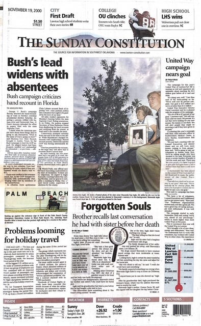 Forgotten Souls series’ second installment as published by The Lawton Constitution on Nov. 20-21,2000 shedding light on two unsolved homicides in Comanche County. Each story was published on the front page and with a picture showing the victims’ relatives Mc Nelly Torres interviewed and the particular issues with that case. Click on each picture to see the full page. (Mc Nelly Torres | Don’t Forget My Voice)