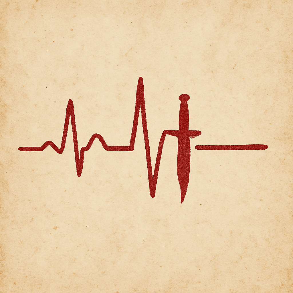 The lines of a heart rate monitor with a dagger embedded.