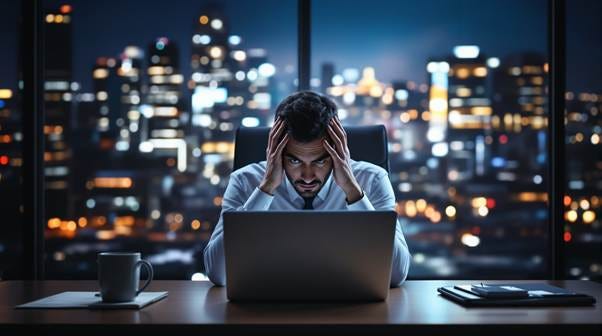 Executive concerned about AI risks at night Executive concerned about AI risks at night