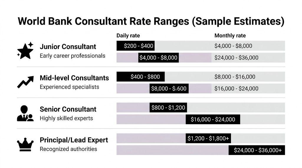 A chart showing daily and monthly rate ranges for World Bank consultants across four career levels.