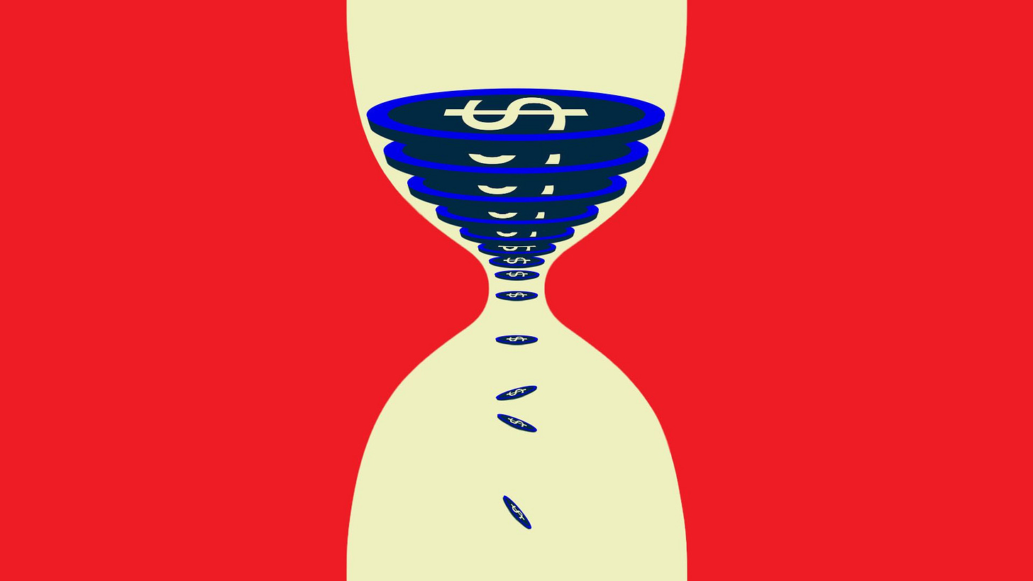 Illustration of coins falling through an hourglass-like shape
