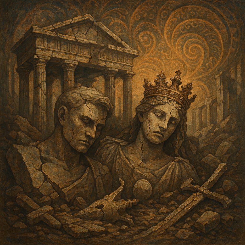 A symbolic painting of shattered stone statues depicting a man and a crowned woman, both cracked and broken, lying in the rubble of a ruined classical temple. The fragments of a sceptre and sword rest beside them. In the background, ancient columns crumble, while swirling, faded patterns rise into the sky. The scene evokes the collapse of empires, the downfall of hierarchy, and the illusion of glory reduced to dust.