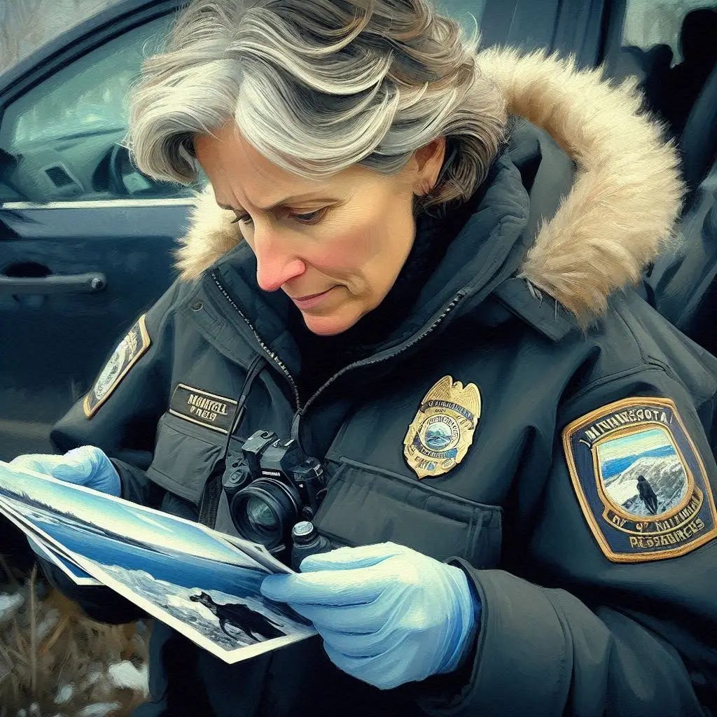 A 50-year old female Minnesota Department of Natural Resources officer examines a pair of photos. She's got an attractive, but weatherbeaten face and is of Scandinavian descent. It's winter time. Slight impressionist style.