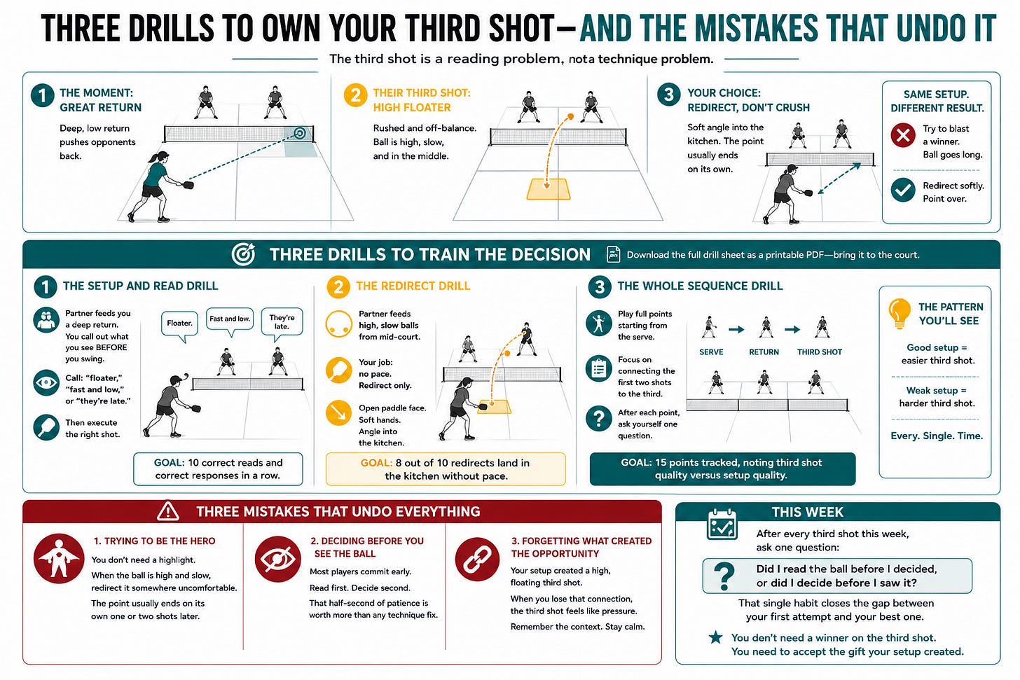 Infographic titled “Three Drills to Own Your Third Shot — And the Mistakes That Undo It.” It shows how a deep return can create an easier third shot, then presents three drills for reading and responding to the incoming ball: the Setup and Read Drill, Redirect Drill, and Whole Sequence Drill. It also highlights three mistakes: trying to be the hero, deciding before seeing the ball, and forgetting what created the opportunity.