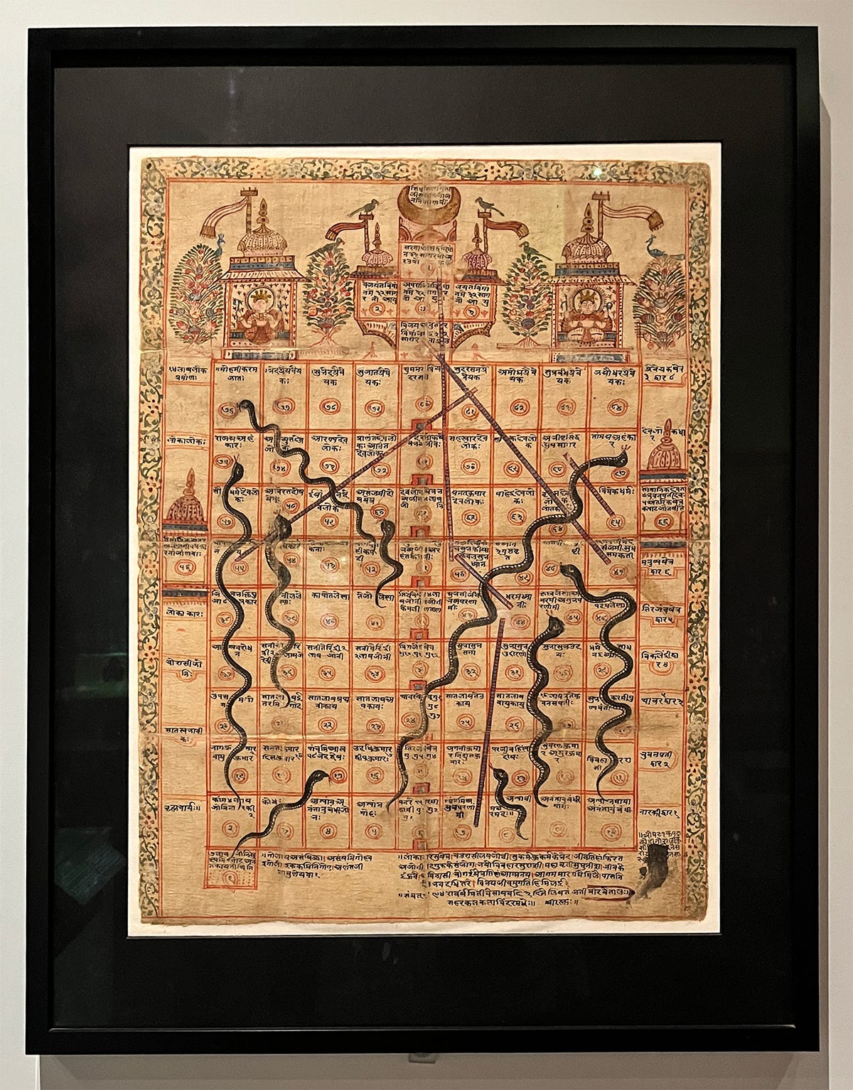 18th Century Gyan Bazi game painted on cloth in a black frame 18th Century Gyan Bazi game painted on cloth in a black frame