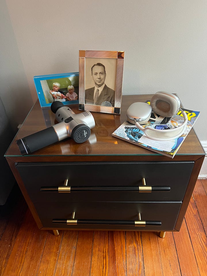 The picture on the left shows two poufy pillows on a sofa. The photo on the right shows a nighstand that is protected by glass so that the frames, headphones and other stuff on it don't scratch it.
