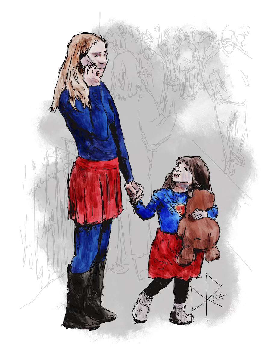 Two girls, both dressed as Supergirl, hold hands as they stand on a sidewalk. The older girl is talking on her mobile phone as the younger holds on to her stuffed bear. Sketch art by Don Rice.
