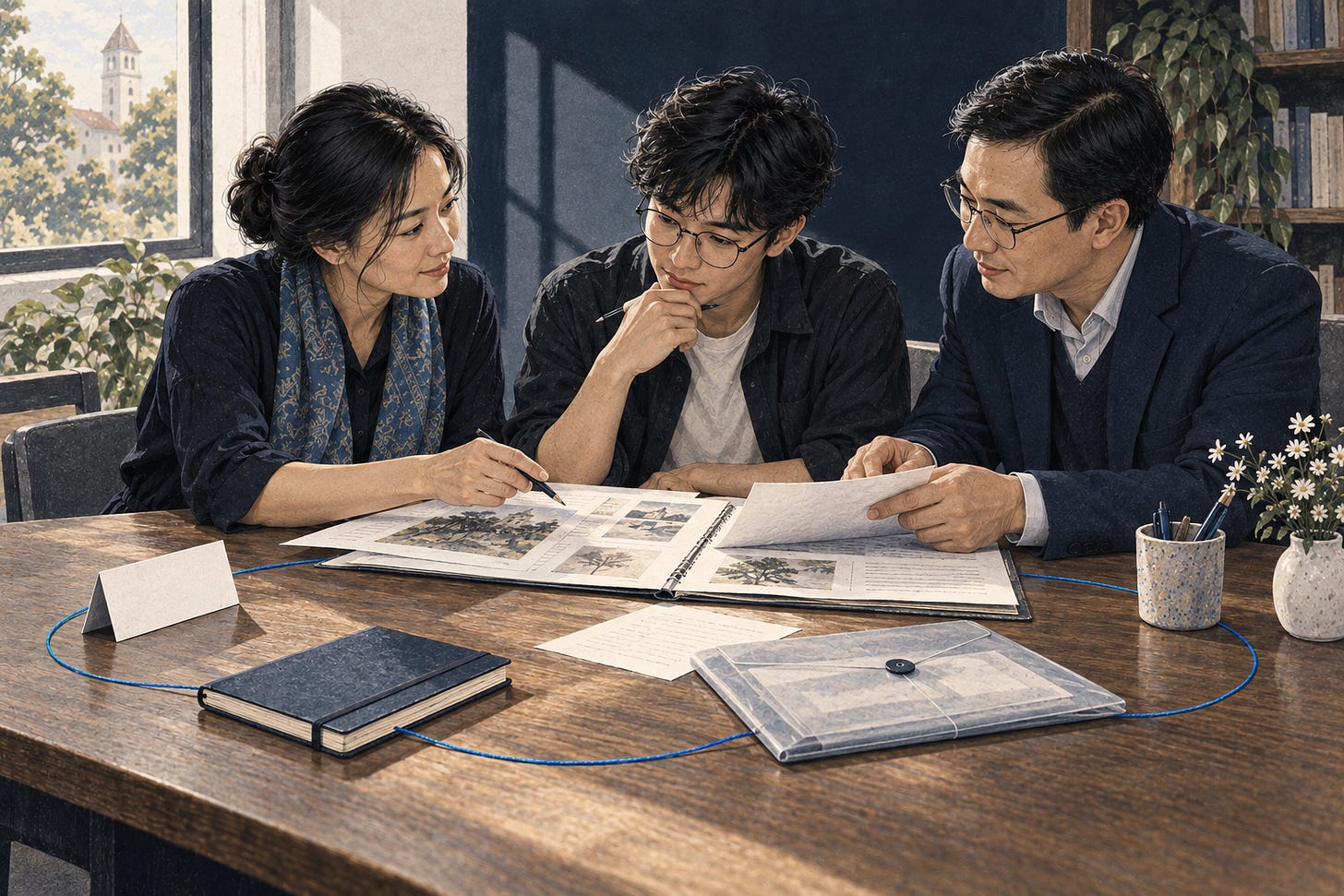 Một giảng viên, một người học và đại diện nhà trường cùng xem hồ sơ học tập trên bàn; bốn vật dụng được nối bằng một đường xanh mảnh.