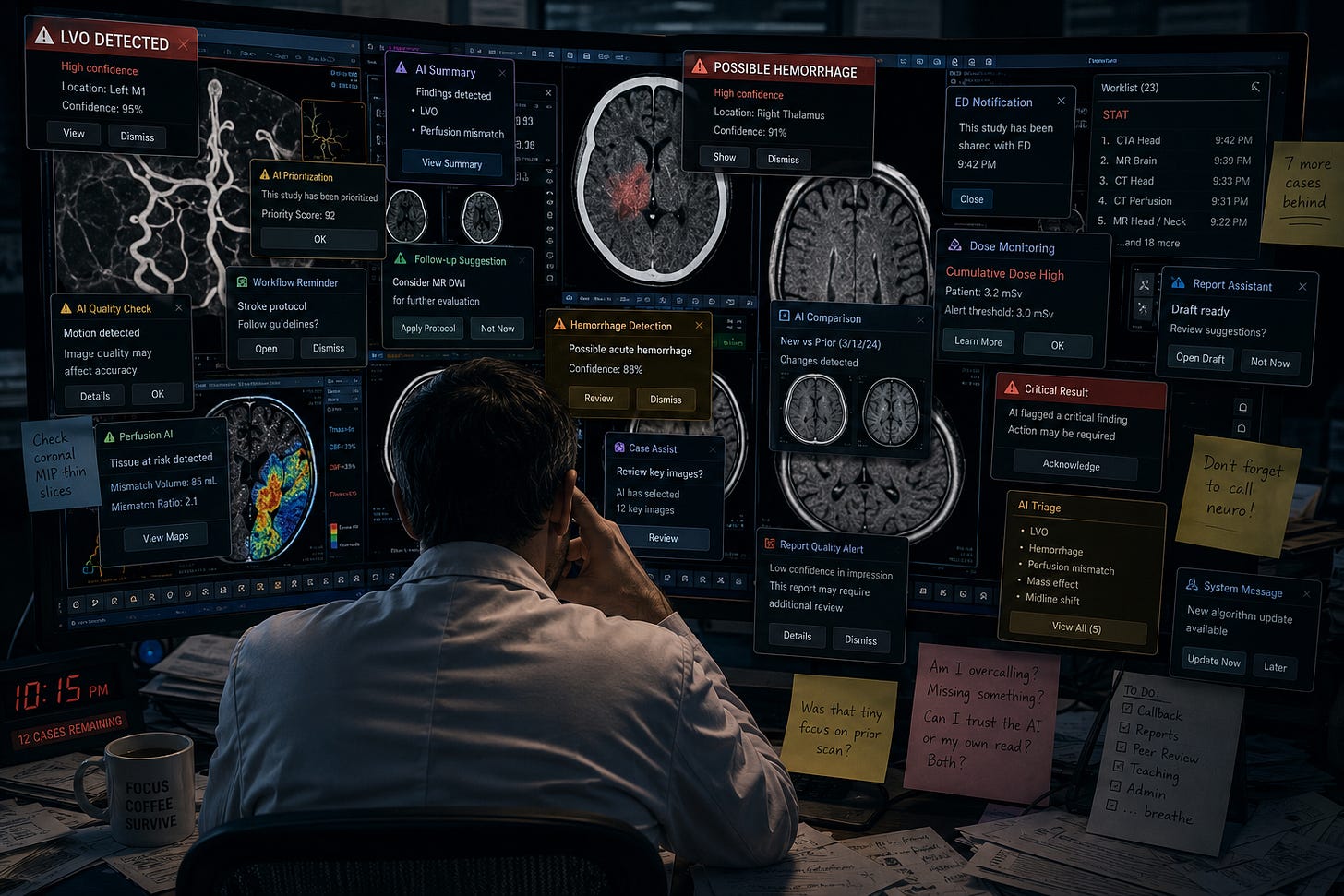 Illustration of a radiologist viewing many popups Illustration of a radiologist viewing many popups