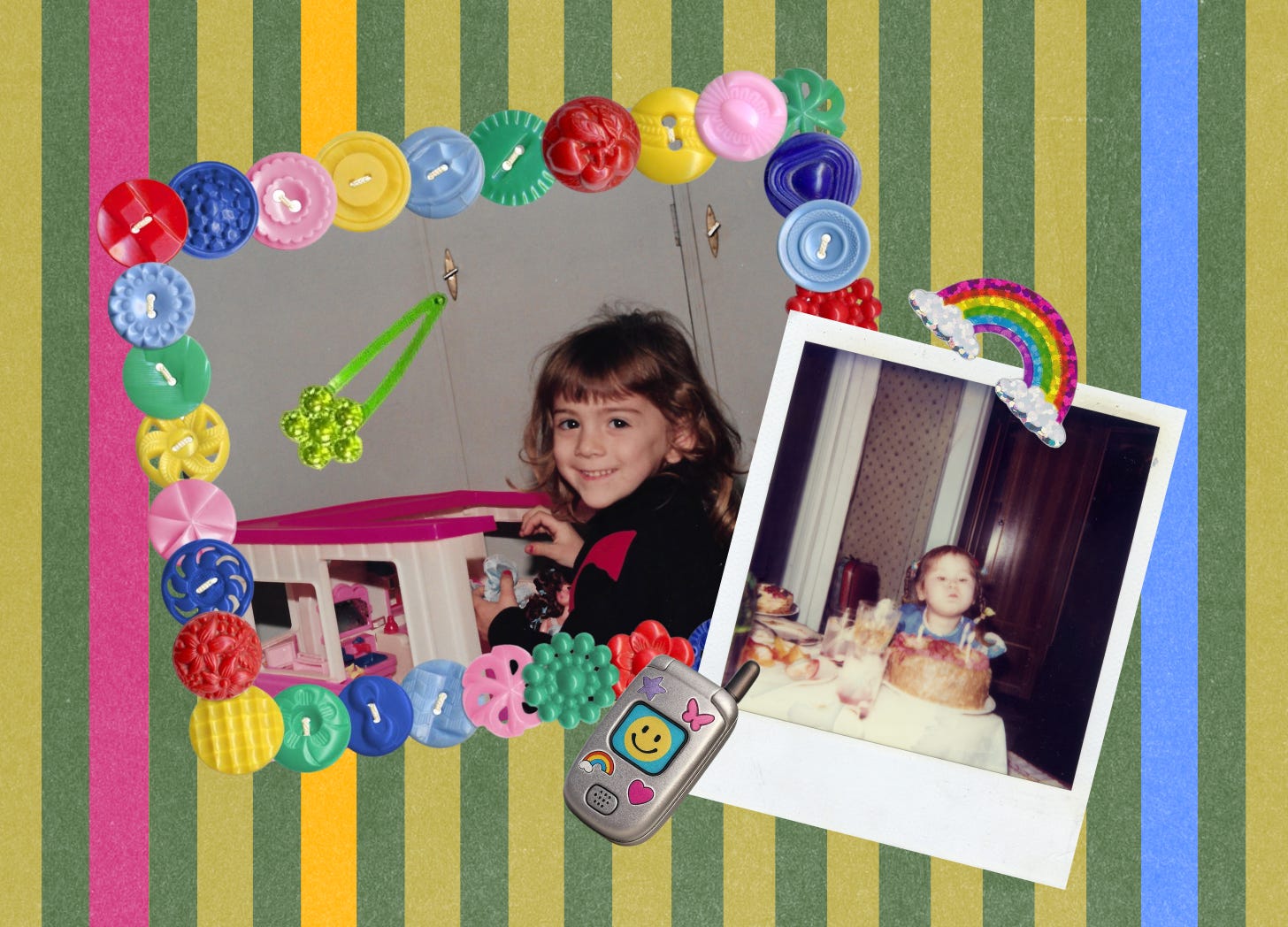 Two childhood photos: one of a child playing with a dollhouse house framed by colorful buttons, and a Polaroid of a child at a birthday table. These photos are surrounded by nostalgic accessories.