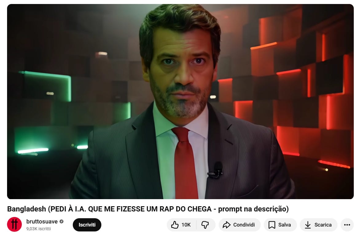 Uno screenshot da un video di YouTube del canale "bruttosuave". L'immagine mostra un primo piano del politico portoghese André Ventura, che indossa un abito scuro, camicia bianca e cravatta rossa. Lo sfondo è composto da pannelli geometrici illuminati da luci soffuse verdi e rosse. Il titolo del video recita "Bangladesh (PEDI À I.A. QUE ME FIZESSE UM RAP DO CHEGA)", indicando l'uso dell'intelligenza artificiale per creare il contenuto.