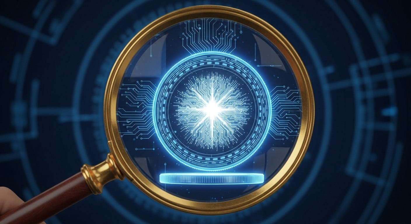 A magnifying glass examining a glowing, holographic digital coin with intricate blue circuit patterns.