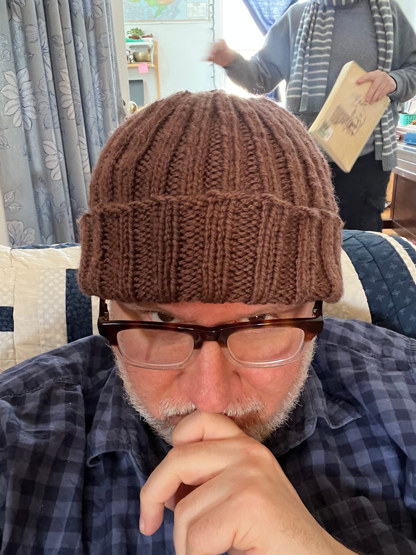 a selfie of me wearing my freshly knitted brown toque a selfie of me wearing my freshly knitted brown toque