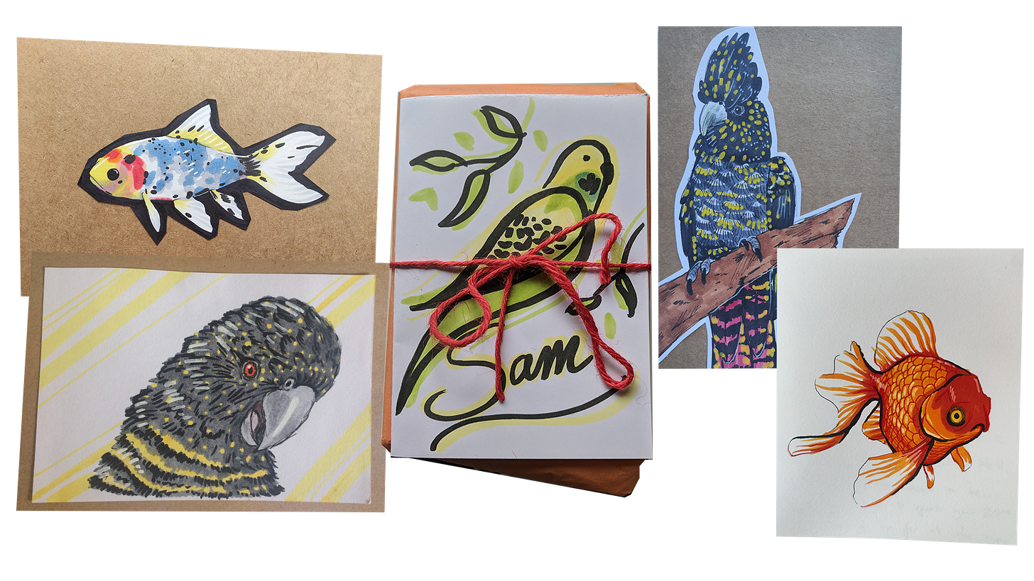 A series of cards all featuring different birds and fish.