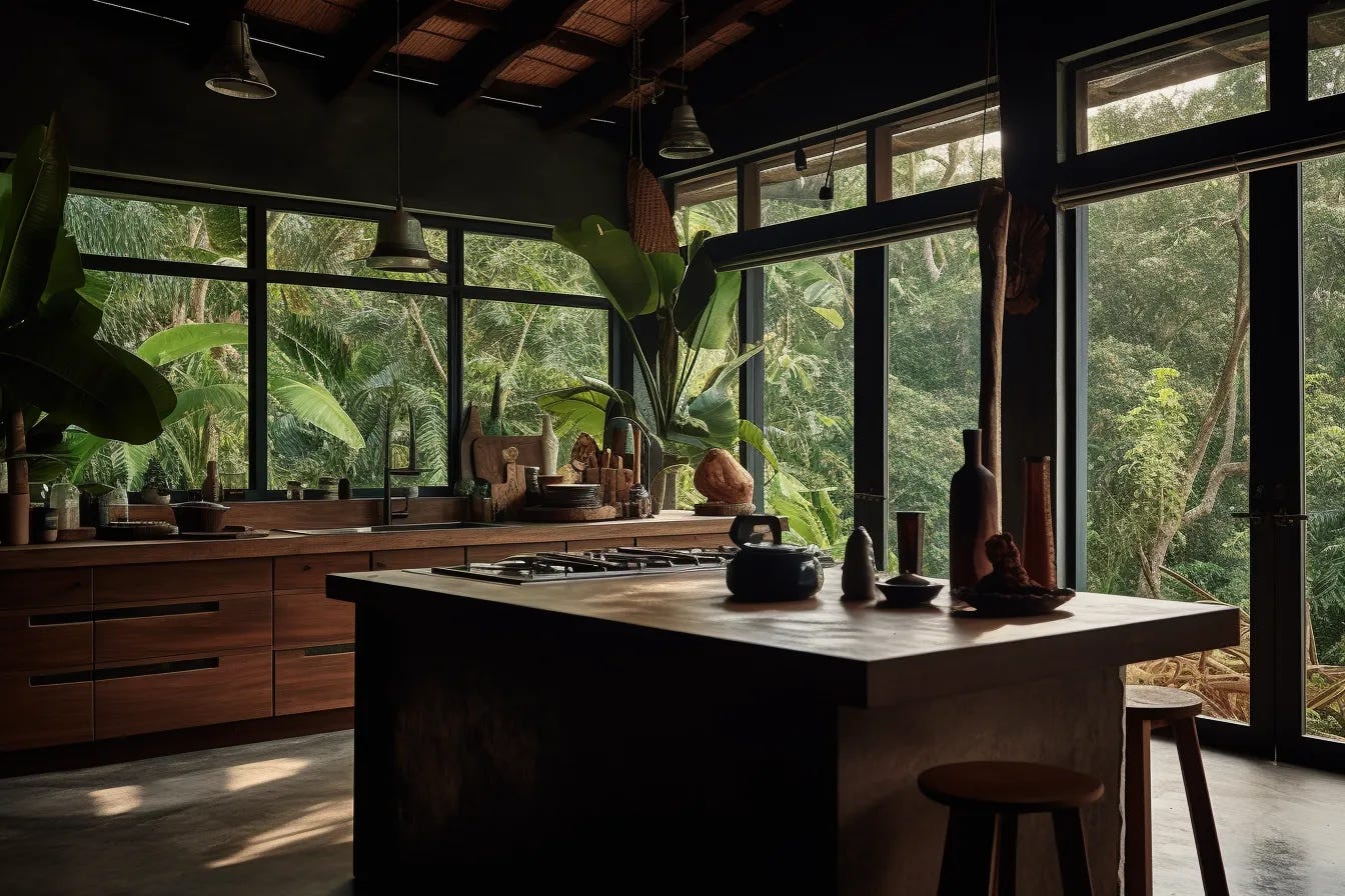 Imagem de arquitetura de cozinha gerada com IA via Midjourney.