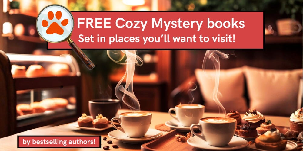A promo image for free cozy mysteries set in places you'll want to visit