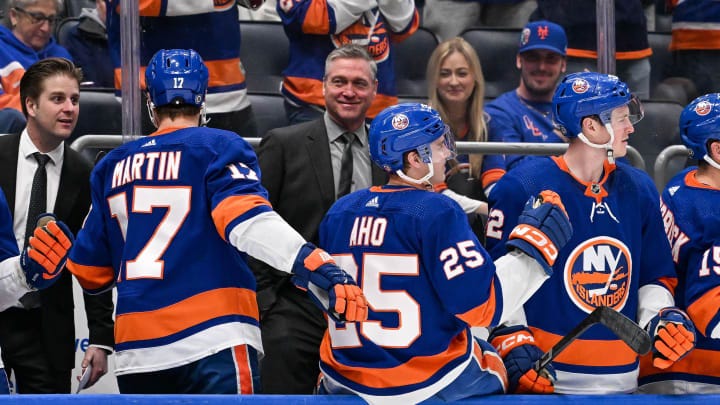 Apr 17, 2024; Elmont, New York, USA; New York Islanders head coach Patrick Roy during the third Apr 17, 2024; Elmont, New York, USA; New York Islanders head coach Patrick Roy during the third