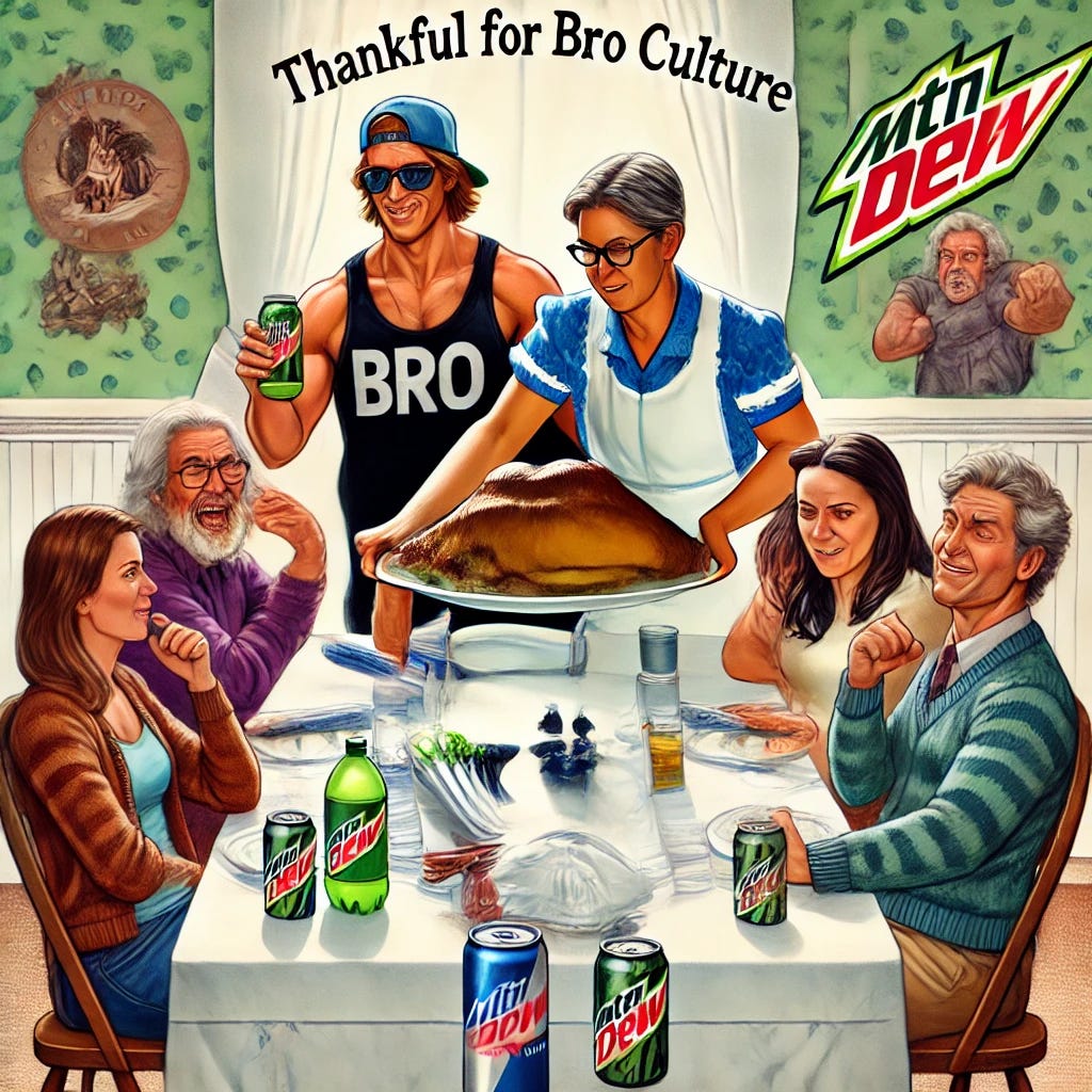 A humorous Thanksgiving dinner scene with middle-aged liberal white women and enthusiastic 'bros' sharing a meal. The bros are in tank tops and flip-flops, holding energy drinks and trying to charm the women with exaggerated gestures of kindness. The women, dressed in cardigans and sipping wine, look simultaneously skeptical and amused. The table features a mix of traditional dishes and outrageous bro items like a Mountain Dew-marinated turkey. In the background, a banner reads 'Thankful for Bro Culture,' and the mood is lighthearted, emphasizing the cultural clash and unexpected unity.