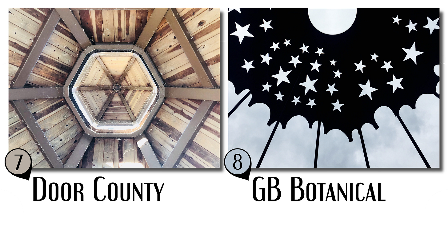 Two overhead photos. Left: a wooden hexagon ceiling framed by beams at a beach shelter in Door County. Right: a star-and-moon cutout canopy at Green Bay Botanical Garden.