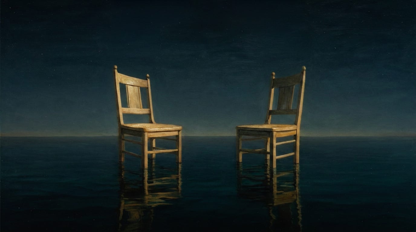 Two empty wooden chairs facing each other on a reflective surface, set against a dark atmospheric sky. No other furniture or people are present. AI-generated illustration.