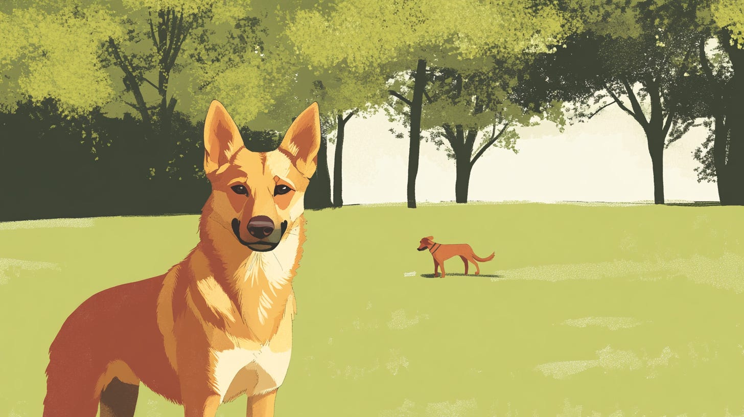 Two dogs in a park.