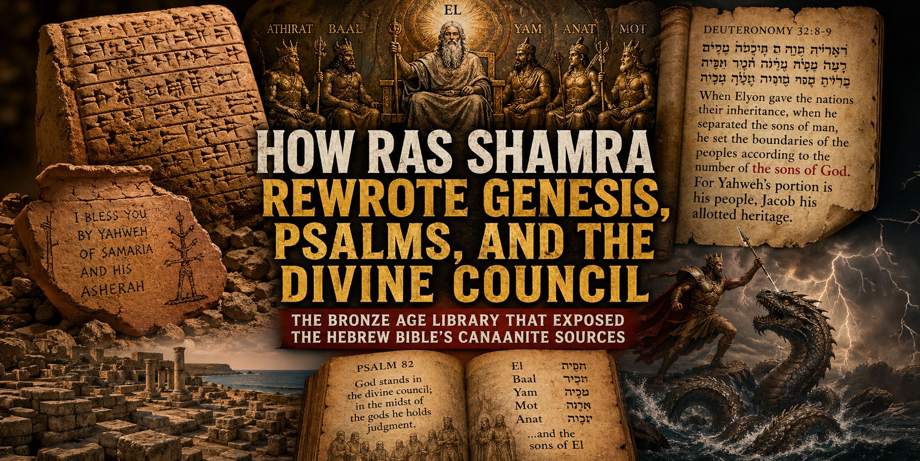 ancient Ugarit ruins and cuneiform tablets, with a divine council of Canaanite gods above and a storm god battling a sea serpent, symbolizing the connection between Ugaritic mythology and the Hebrew Bible.