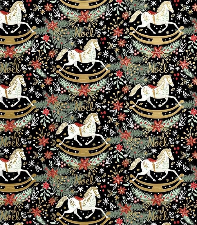 REVEL & Co Rocking Horse Noel Folded Christmas Wrapping Paper, 2 Feet x 10 Feet Folded Holiday Wrapping Paper with Rocking Horses, Noel, and Golden Highlights on Black Background REVEL & Co Rocking Horse Noel Folded Christmas Wrapping Paper, 2 Feet x 10 Feet Folded Holiday Wrapping Paper with Rocking Horses, Noel, and Golden Highlights on Black Background