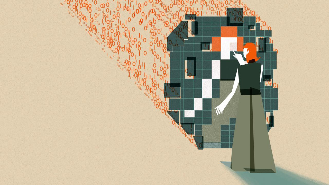 This image shows an individual with orange hair interacting with a large, abstract digital mirrored structure. The structure is composed of squares in varying shades of green, orange, white, and black which are pieced together to reflect the individual’s figure. The figure's hand is extended as if pointing to or interacting with the mirrored structure. Behind the structure are streams of binary code (0s and 1s) in orange, flowing towards the digital grid. This image shows an individual with orange hair interacting with a large, abstract digital mirrored structure. The structure is composed of squares in varying shades of green, orange, white, and black which are pieced together to reflect the individual’s figure. The figure's hand is extended as if pointing to or interacting with the mirrored structure. Behind the structure are streams of binary code (0s and 1s) in orange, flowing towards the digital grid.