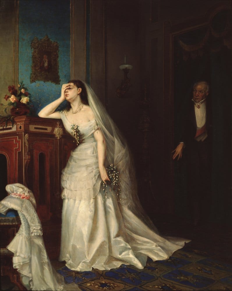 After the Marriage (1874) by Firs Sergeevich Zhuravlev, a dramatic realist painting portraying a young bride in a white wedding gown leaning despondently against a piece of ornate furniture. Her expression is anguished, with one hand covering her forehead and the other loosely holding a sprig of flowers. Her veil and gown are still on, suggesting the ceremony has just ended. An older man, possibly her new husband, stands in the doorway behind her, partially in shadow, watching her with a stern or resigned expression. The somber, richly decorated interior underscores the emotional weight and tension of the moment.