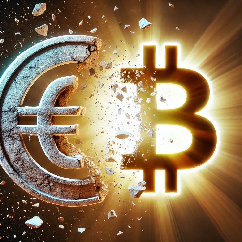 A powerful cover image for an article titled 'Bitcoin Ends Financial Privilege'. The image should depict a large, glowing Bitcoin symbol breaking through and shattering a Euro symbol. The Euro symbol should appear as if it is crumbling or breaking apart, symbolizing the exploitation of people by the existing financial system. The Bitcoin symbol should be emerging triumphantly from the ruins, radiating light and hope. The title 'Bitcoin Ends Financial Privilege' should be prominently displayed at the top in a bold, modern font.