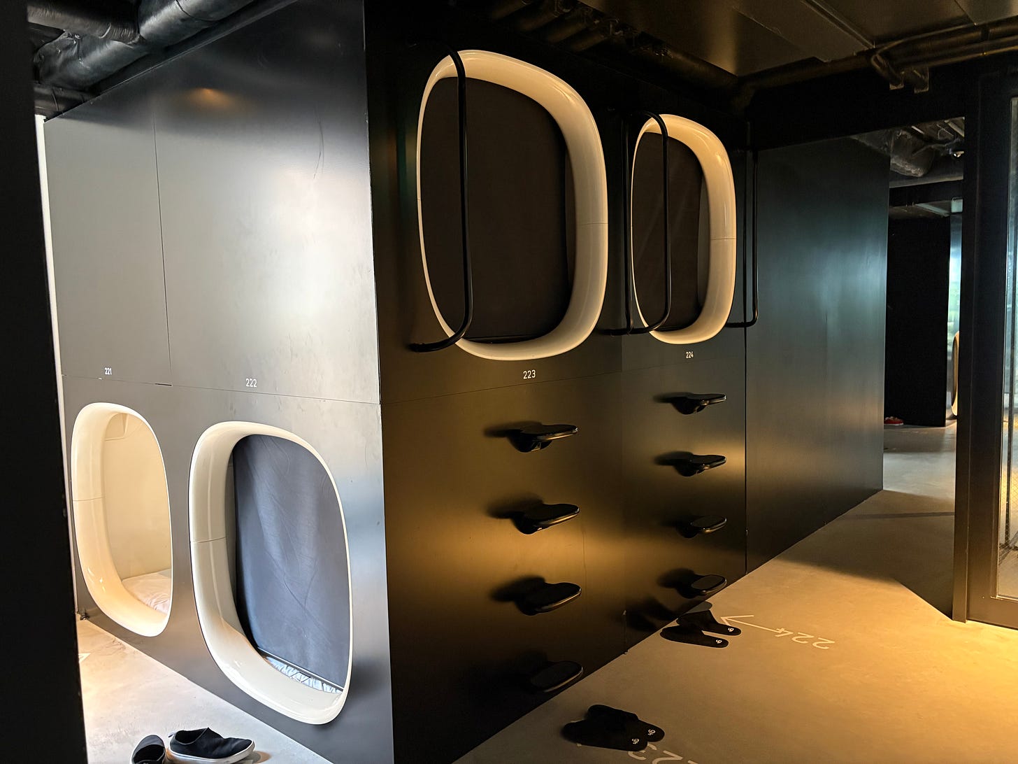 Nine Hours capsules in Tokyo are arranged on top of one another.