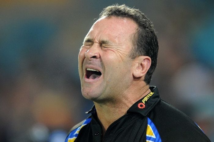 Ricky Stuart reacts while coaching Parramatta - ABC News (Australian  Broadcasting Corporation)