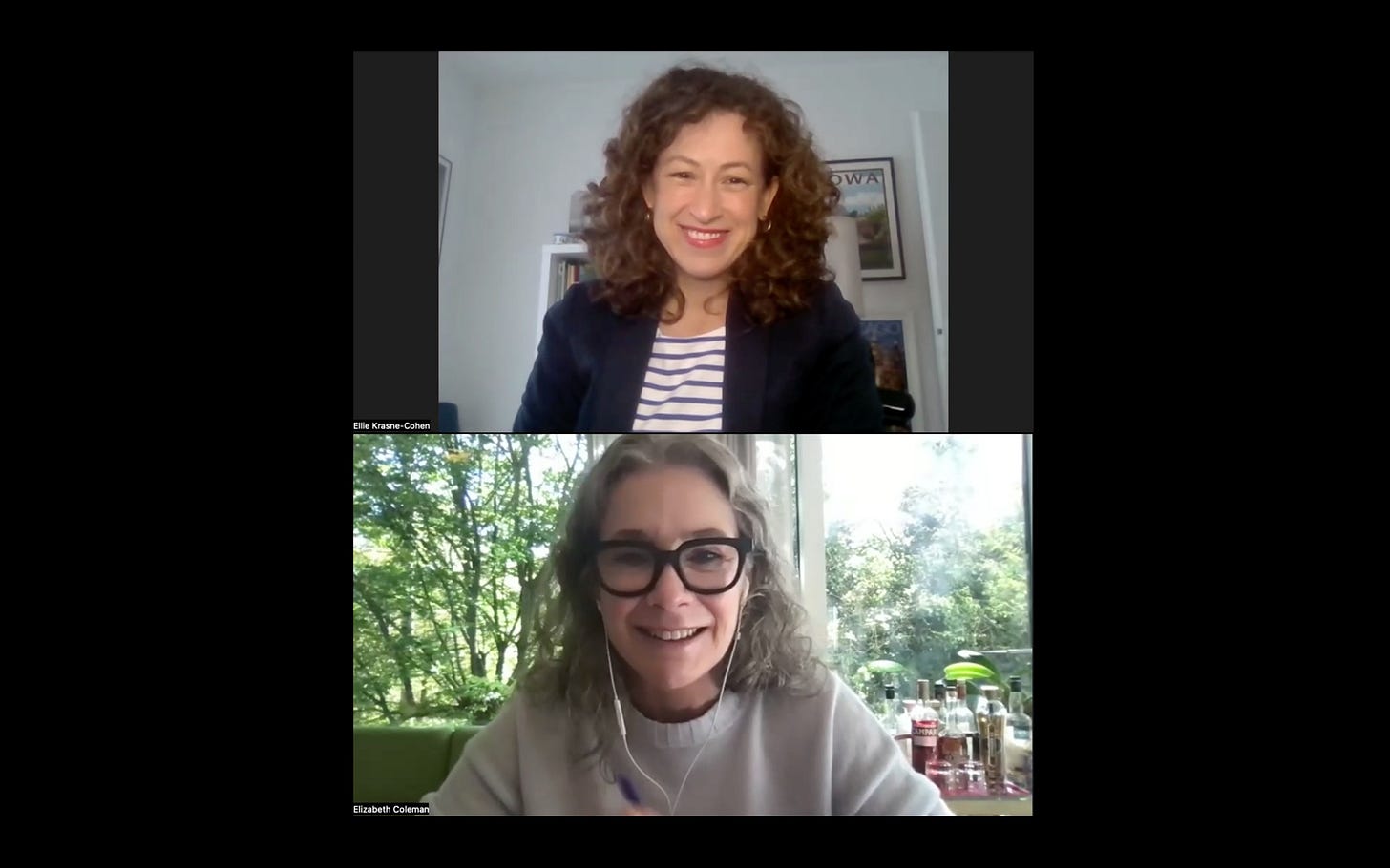 Screengrap of split screen zoom call of two women talking. Screengrap of split screen zoom call of two women talking.