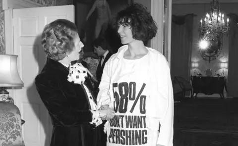 PA Katharine Hamnett with Margaret Thatcher in 1984