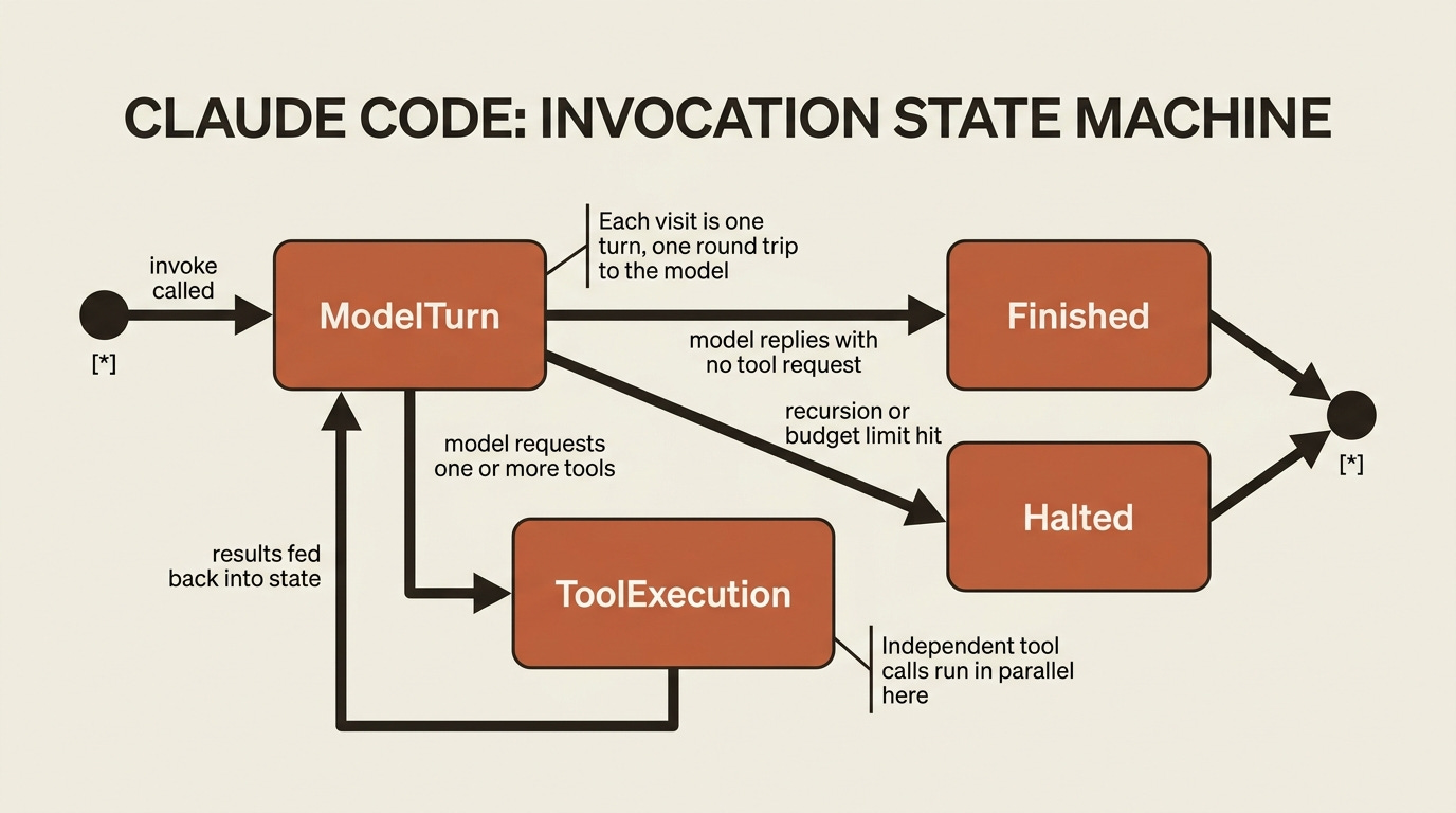 A state diagram of a run lifecycle: model turn and tool execution alternate, independent tool calls run in parallel, and the run ends either finished or halted by a limit.