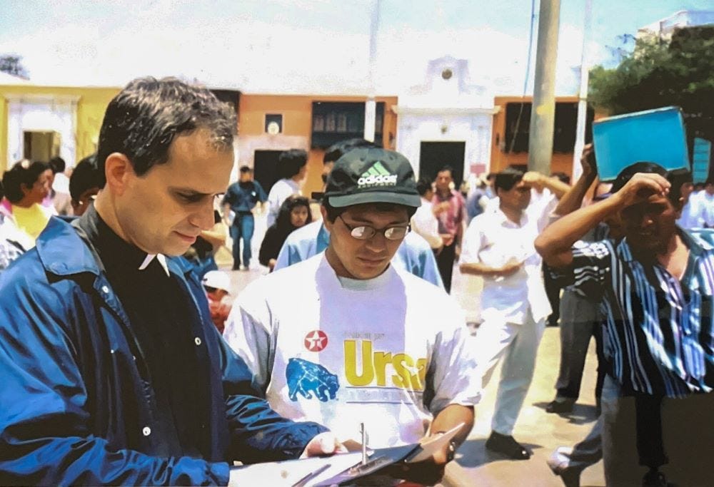 Father Robert Prevost gathering signatures on a clipboard in a plaza in Trujillo, Peru Father Robert Prevost gathering signatures on a clipboard in a plaza in Trujillo, Peru