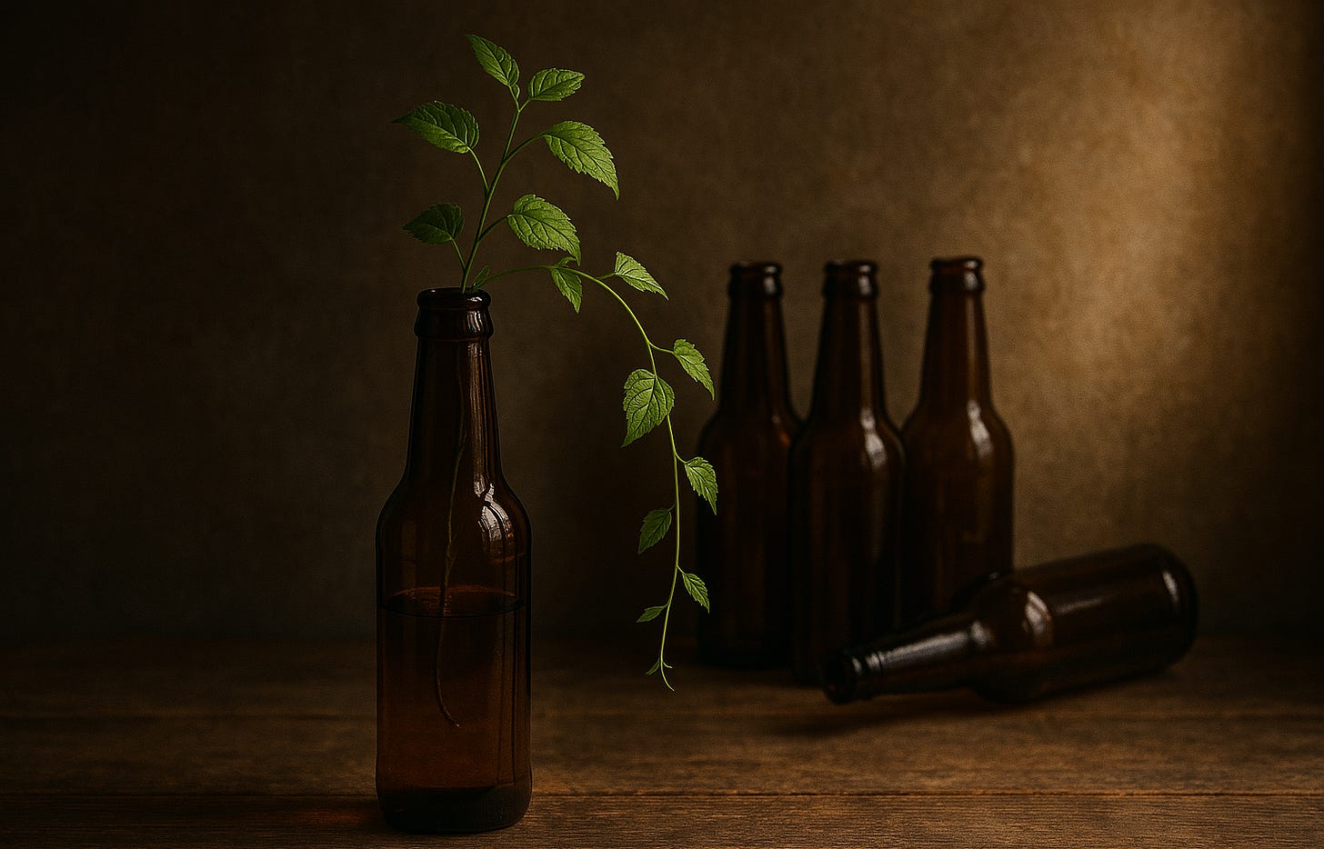 A contemplative photograph of an empty amber beer bottle on a wooden surface with a green plant growing from its opening, half in shadow and half illuminated by natural light, symbolizing transformation from addiction to creative growth.