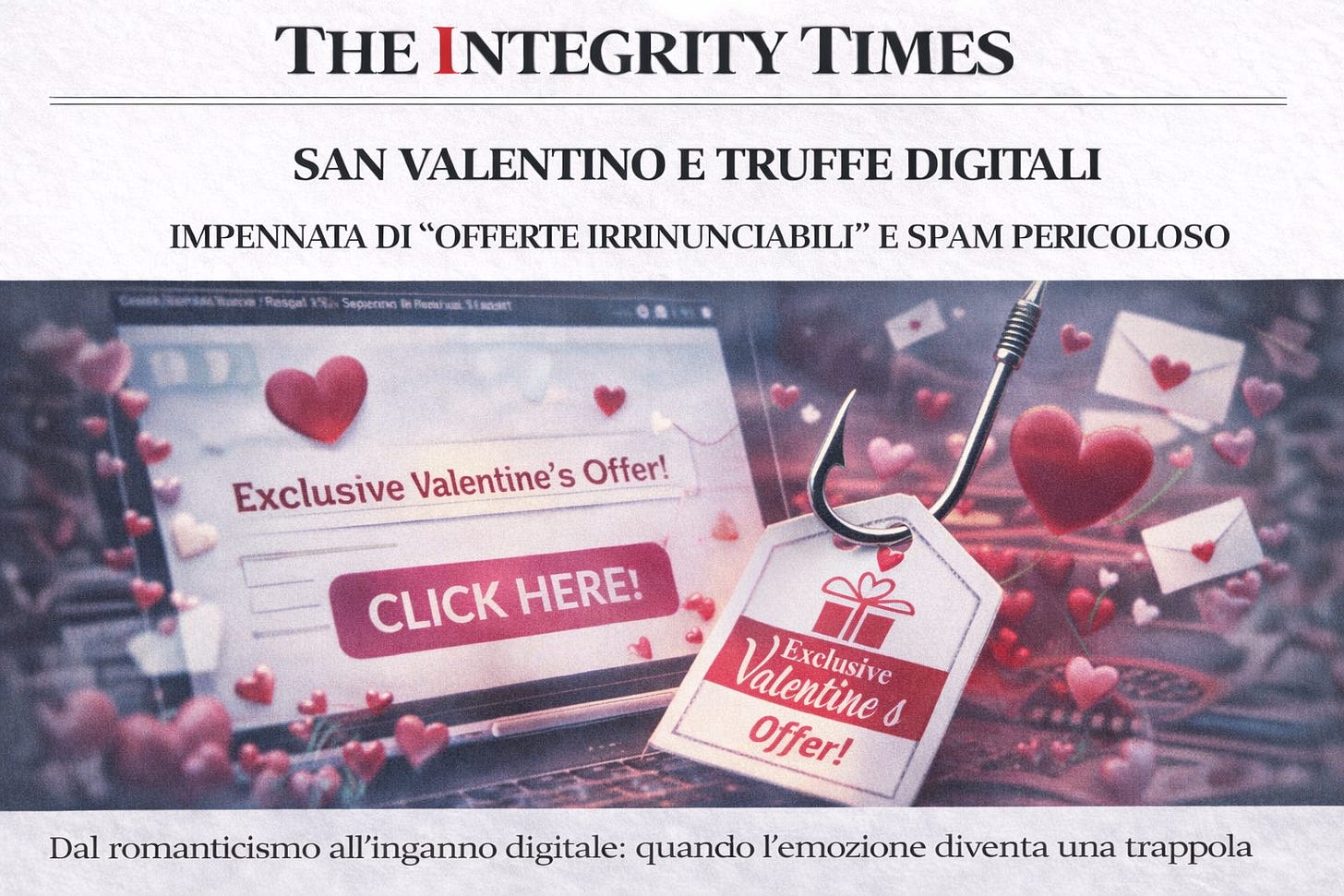 Illustrazione: San Valentino e truffe digitali: quando amore fa rima con spam e pericolo informatico Illustrazione: San Valentino e truffe digitali: quando amore fa rima con spam e pericolo informatico