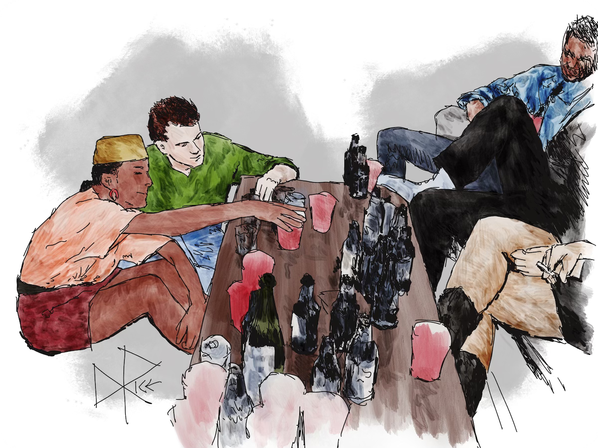 A group of people at a house party, gathered around a coffee table in a living room. The table is heavily laden with glasses and bottles and cans. Sketch art by Don Rice.