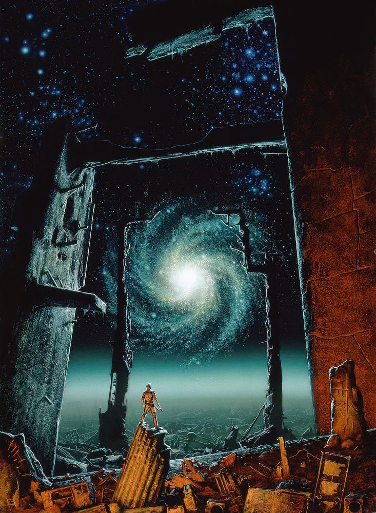 In the rubble of Trantor, a man stands on a broken pillar to gaze out a galactic spiral spinning brightly against a celestial canvas of stars. The immediate foreground is lit to give it an earthy red tint while the vista of planetary wreckage is gray-green leading up to a brilliant starscape of green and blue. Crumbling structures form a series of frames to give a sense of scale and distance across the ruined surface of the planet. In the rubble of Trantor, a man stands on a broken pillar to gaze out a galactic spiral spinning brightly against a celestial canvas of stars. The immediate foreground is lit to give it an earthy red tint while the vista of planetary wreckage is gray-green leading up to a brilliant starscape of green and blue. Crumbling structures form a series of frames to give a sense of scale and distance across the ruined surface of the planet.