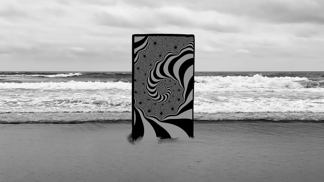 This black-and-white photo features a surreal scene on a beach, where a large rectangular panel stands upright in the sand near the shoreline. The panel displays an intricate, swirling optical illusion pattern that contrasts sharply with the natural, serene background of the ocean waves and cloudy sky. The swirling design on the panel draws the viewer’s attention, creating a striking juxtaposition between the artificial, abstract pattern and the calm, natural seascape. The overall composition evokes a sense of otherworldliness and curiosity, blending elements of reality and illusion. This black-and-white photo features a surreal scene on a beach, where a large rectangular panel stands upright in the sand near the shoreline. The panel displays an intricate, swirling optical illusion pattern that contrasts sharply with the natural, serene background of the ocean waves and cloudy sky. The swirling design on the panel draws the viewer’s attention, creating a striking juxtaposition between the artificial, abstract pattern and the calm, natural seascape. The overall composition evokes a sense of otherworldliness and curiosity, blending elements of reality and illusion.