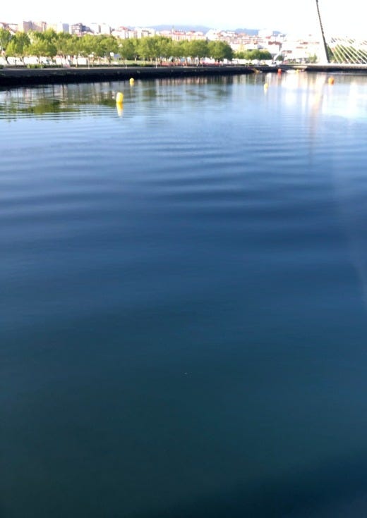 blue water with modern metal bridge in background blue water with modern metal bridge in background