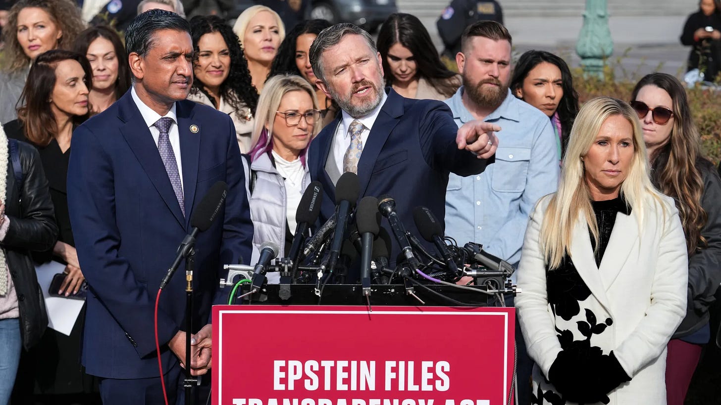 Thomas Massie speaks alongside survivors and advocates during a press conference calling for the full release of the Epstein files. His campaign for transparency later became one of the central issues in the most expensive House primary in American history.