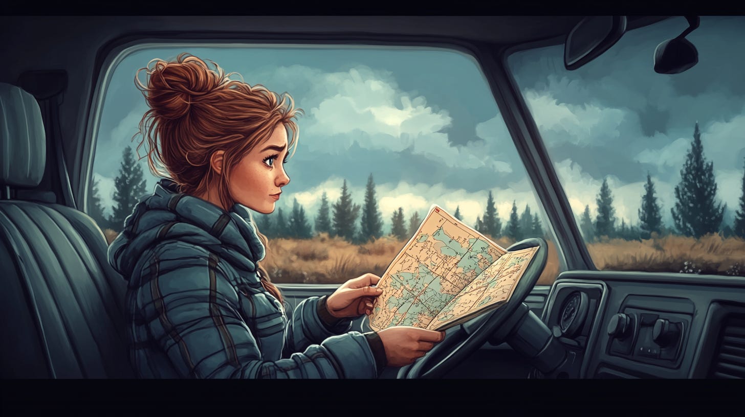 Illustration of a woman in a car holding a printed map and looking lost.