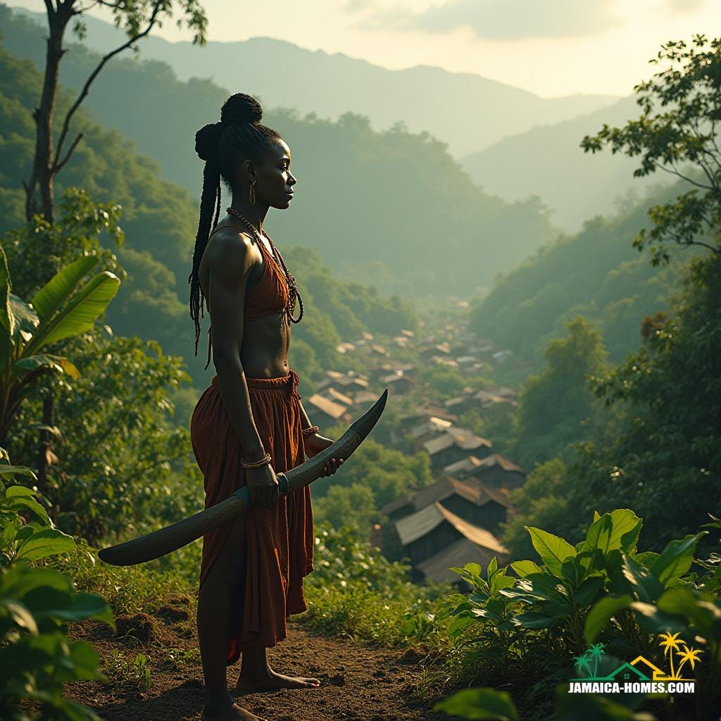 A breathtaking, cinematic depiction of 1700s Nanny Town, perched 2,000 feet above sea level, amidst the dense, emerald jungles of Portland, Jamaica. The settlement thrives, with 140 thatched-roof houses blending seamlessly into the rugged terrain, as Maroons engage in daily life - some tending to lush crops, others sharpening wooden spears, and leaders convening in strategic discussion. At the forefront, the fearless Nanny stands tall, her powerful presence commanding attention, clad in traditional, earth-toned clothing, machete in hand, exuding leadership and calculated resolve. In the background, British troops, clad in crimson coats, struggle to breach the impenetrable forest, their muskets at the ready, as the Maroons prepare to defend their stronghold. The scene pulsates with tension, resilience, and the unyielding spirit of freedom, as warm, golden light filters through the dense foliage, casting dramatic shadows on the Maroons' defensive preparations. Charred remains of rebuilt homes bear testament to the community's unbreakable will, as they rebuild amidst turmoil. Inspired by the works of Albert Bierstadt, Thomas Cole, and Jacob Lawrence, this masterpiece is rendered in a cinematic, film-noir style, with a 35mm film aesthetic, live-action texture, and atmospheric, vignette-softened edges, evoking the timeless, epic beauty of a bygone era.