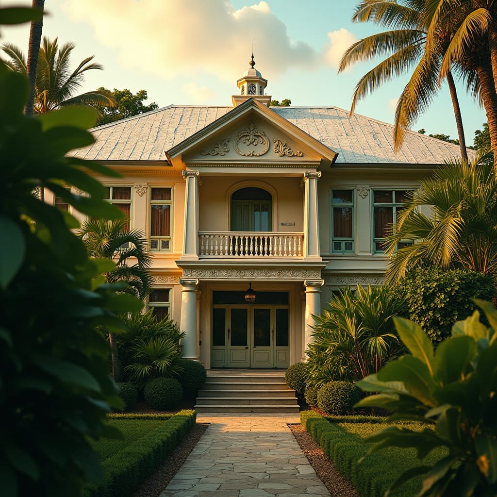 Grand, ornate Victorian-era Jamaican villas, surrounded by lush Caribbean tropical foliage, set against a warm, golden hour sky with subtle clouds