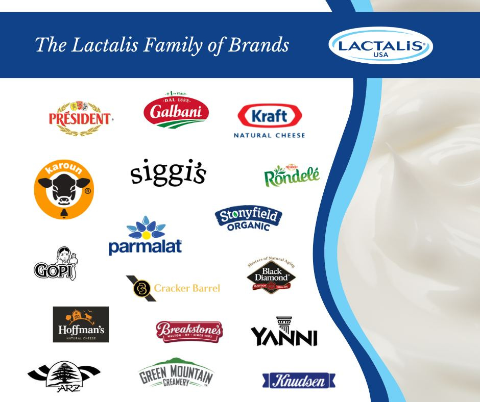 May be an image of text that says 'The Lactalis Family of Brands LACTALIS USA PRESIDENT DATNS Galbani Kraft karoun NATURAL CHEESE siggis Rondelé So parmalat GOPI Black Diamond Cracker Barrel Hoffman's Breakstone's YANNI GREEN CREAMERY MOUNTAIN Knudsen'