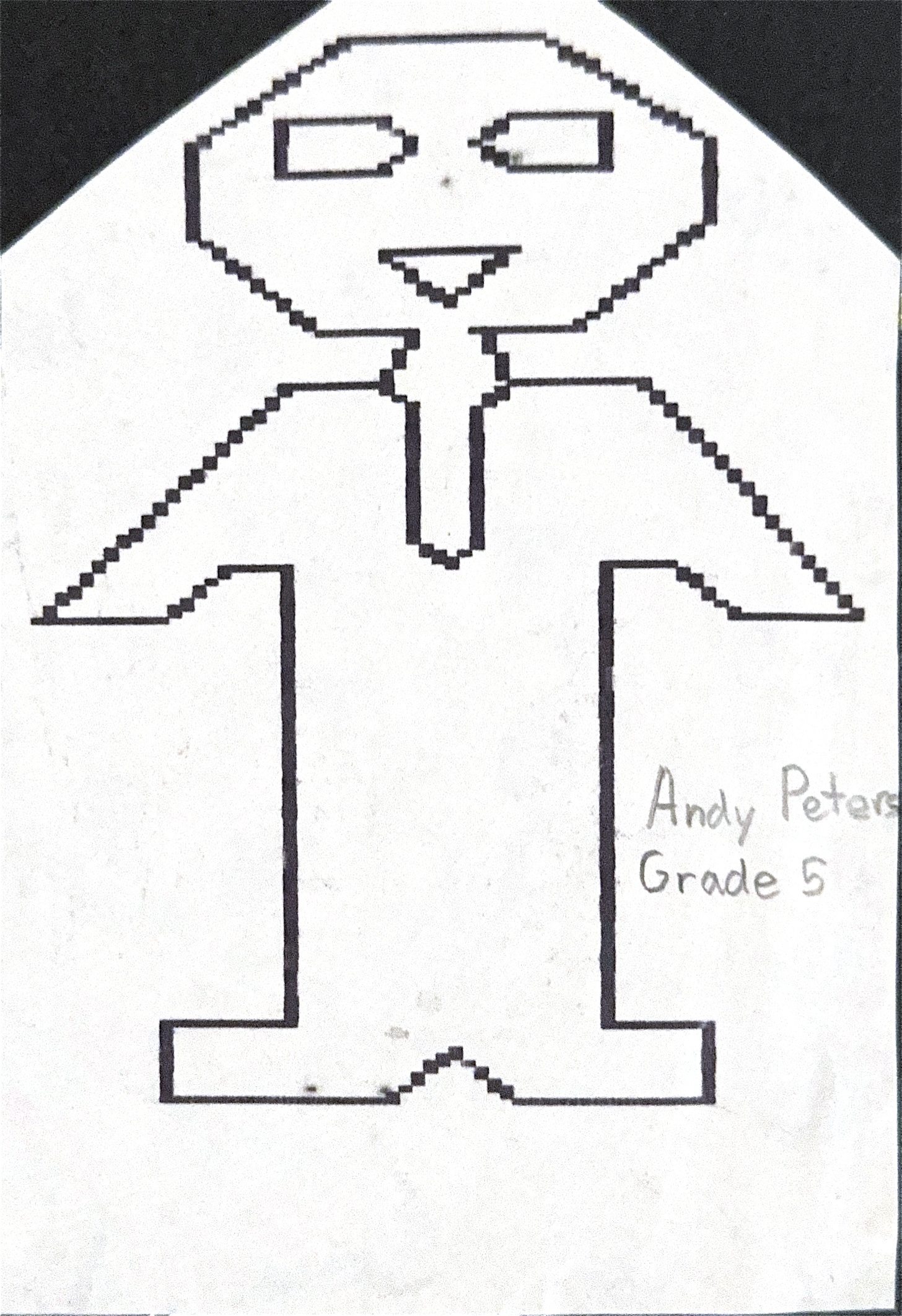 Fifth-grade pixel art self-portrait by Andy Peters - detailed black and white geometric drawing demonstrating mathematical precision and artistic skill, contradicting teacher's claim about lack of mathematical ability.